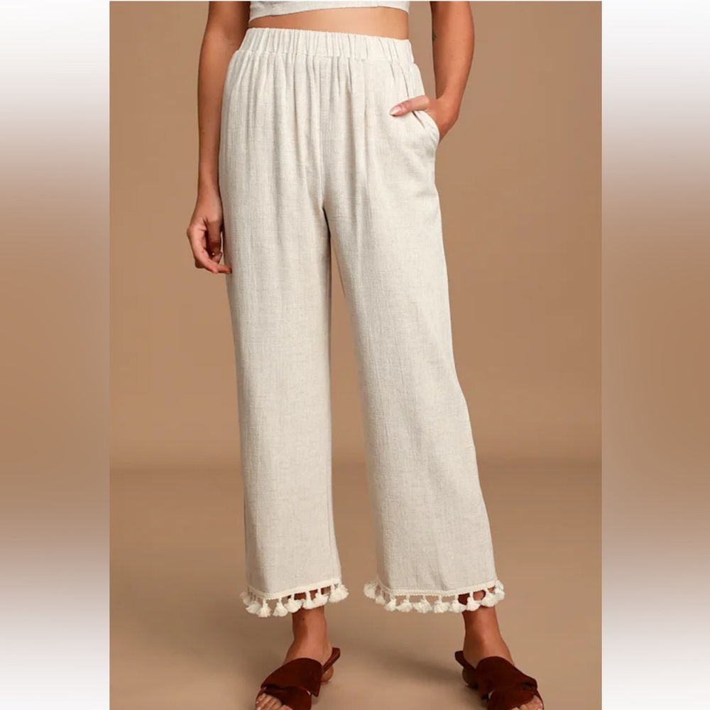 Lulu's Line in the Sand Beige Wide-Leg Tassel Pants